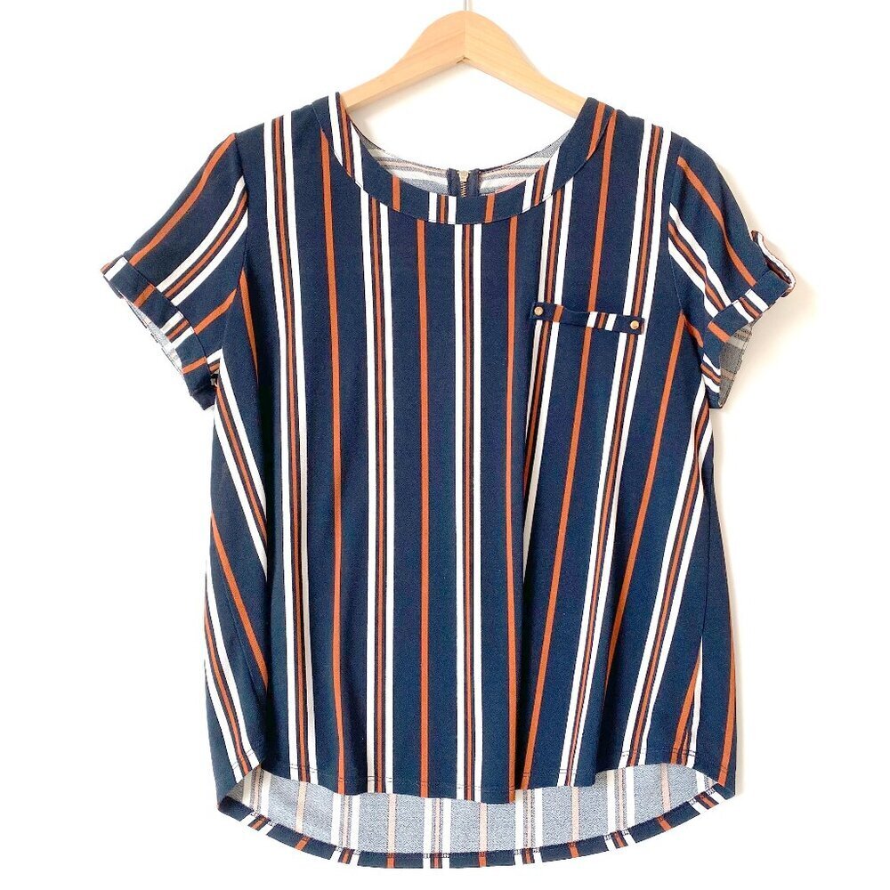 50th Street Petite Navy Orange Striped Disco Top PL